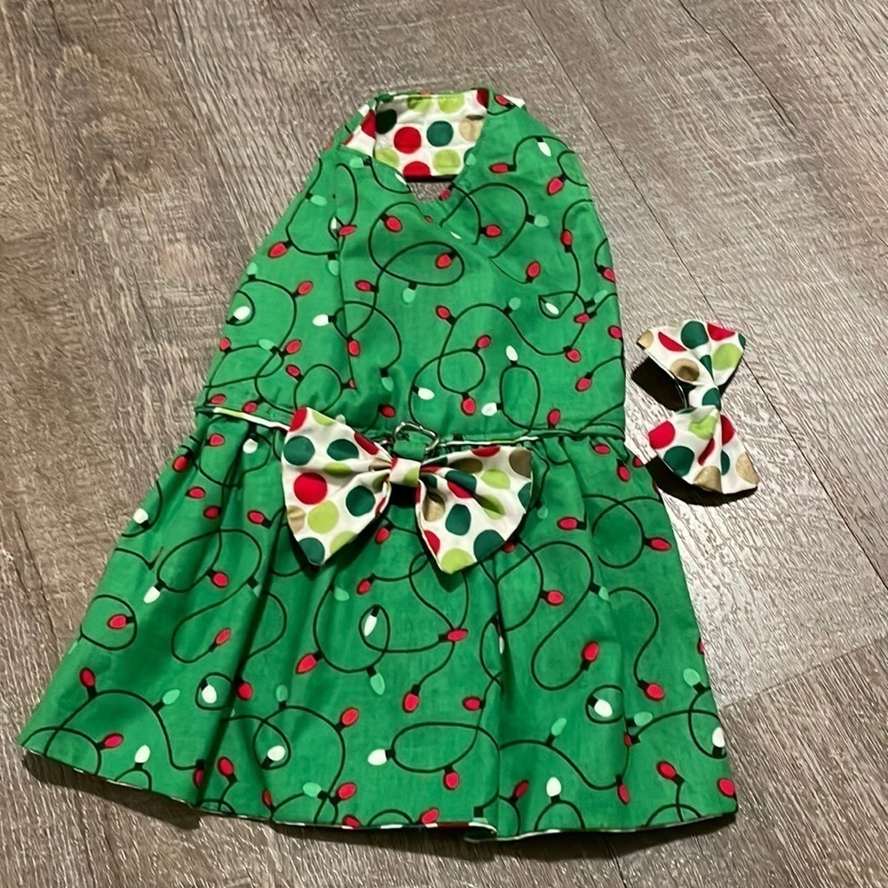 Handmade Green Christmas Light Polka Dot Halter Dog Dress with Matching Hair Bow